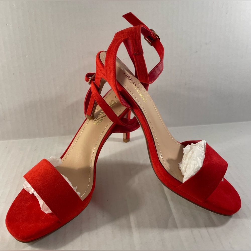 New DreamPairs Women’s Red Suede High Heel Sandals with Ankle Strap, Size 7.5